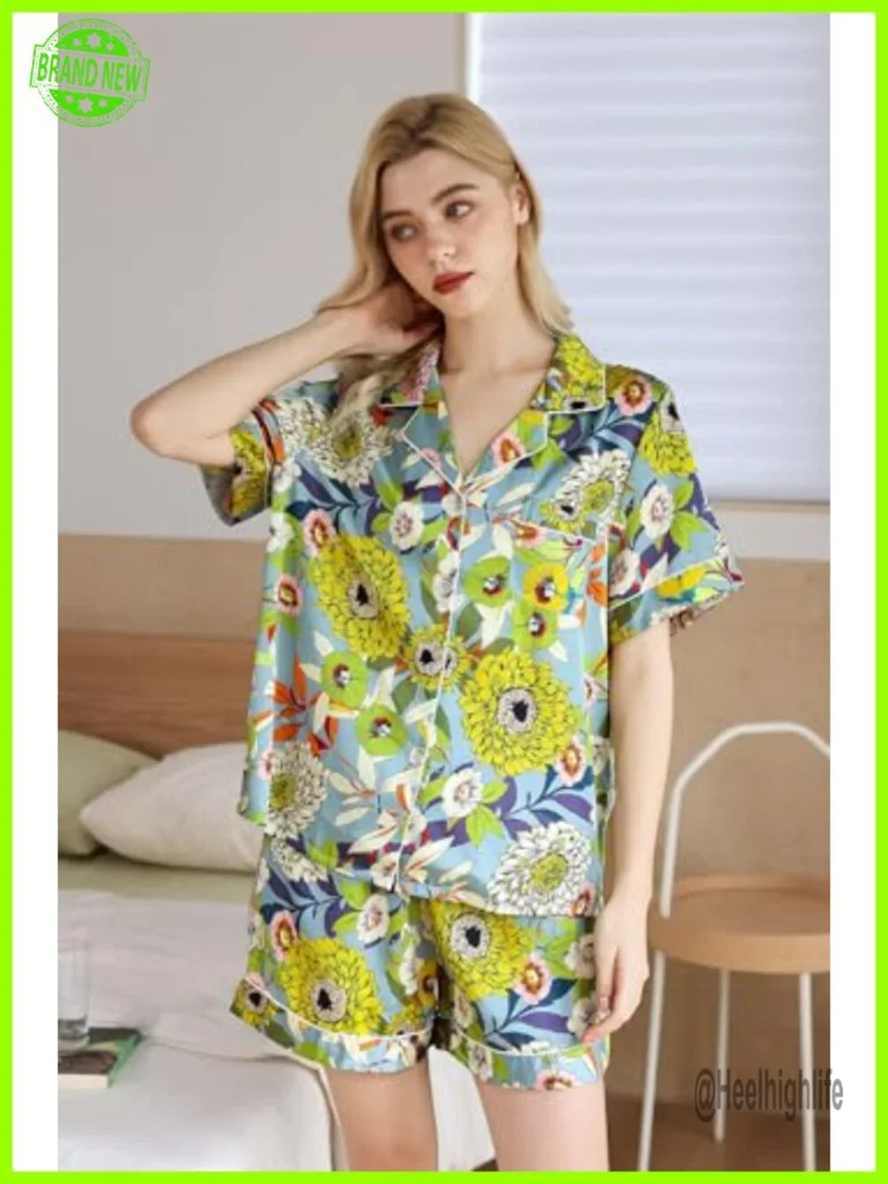 Silk Satin Pajama Set with Pockets Button Down Shorts Pjs Oversized Sleepwear